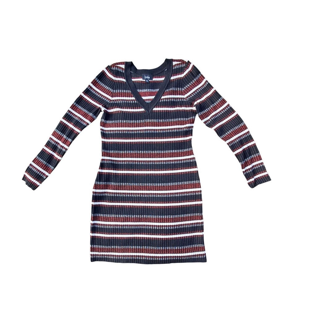 By & By Women XXL Black Striped Metallic Ribbed V-Neck Long Sleeve Mini Dress